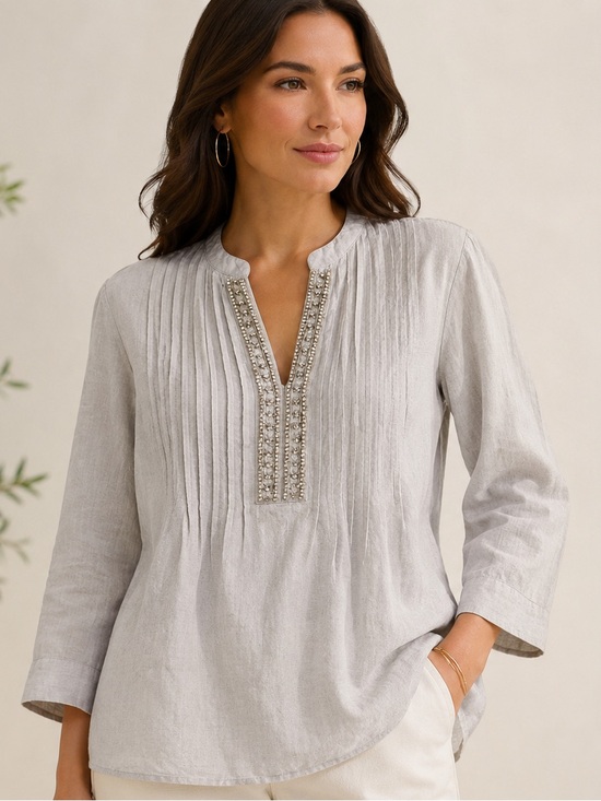 Chico's Tops - Chicos Beaded Tunic Top 1 Medium Linen Cotton Embellished Boho Resortwear Beachy